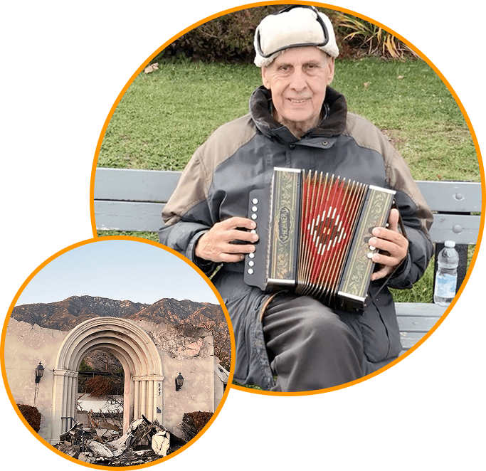 A man holding an accordion in front of a tunnel.