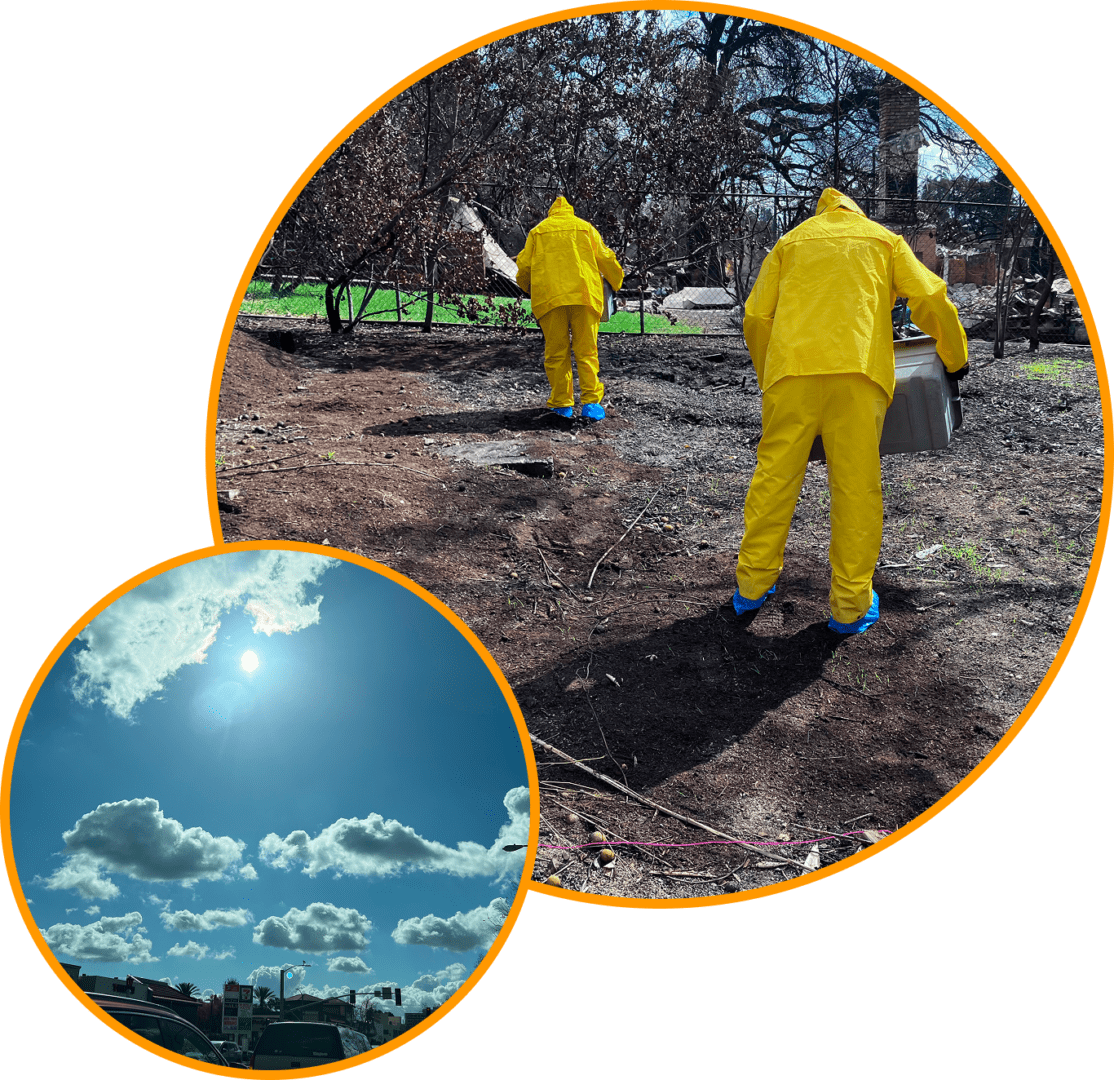 Group 1321317264 Two men in yellow suits are working on a field.